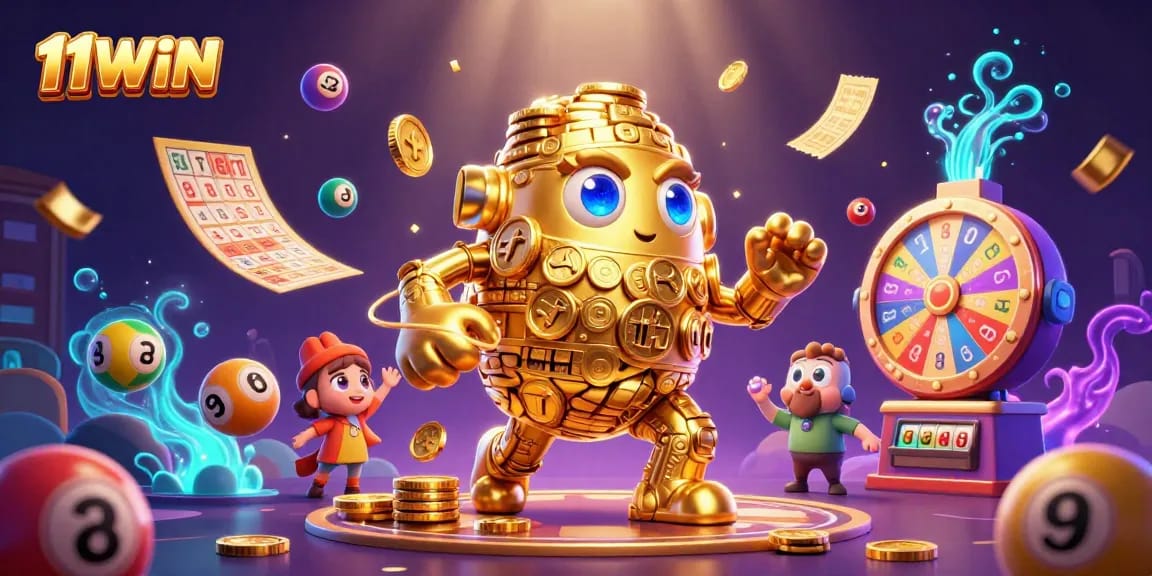 Experience the thrill of 11WIN with a vibrant lottery-themed 3D casino illustration full of action and color.