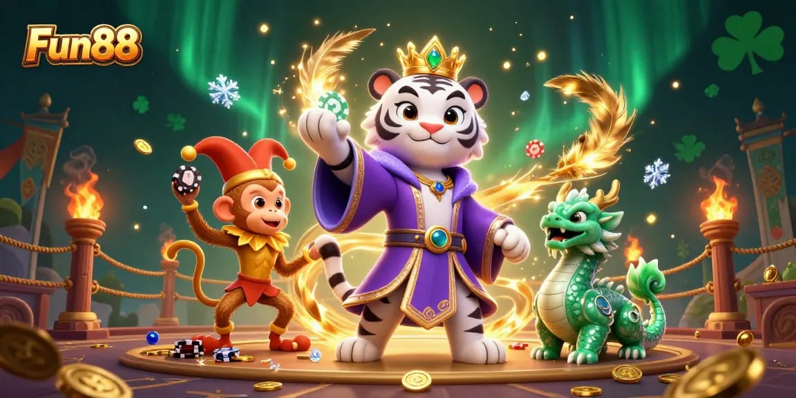 Experience Fun88's vibrant casino atmosphere with cartoon characters celebrating and gambling excitement.