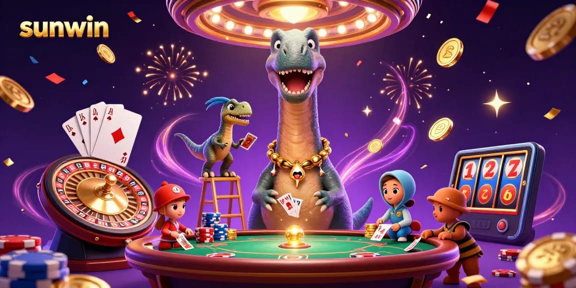 Experience thrilling action with the sunwin casino brontosaurus and raptor dealer, vibrant gaming scene.