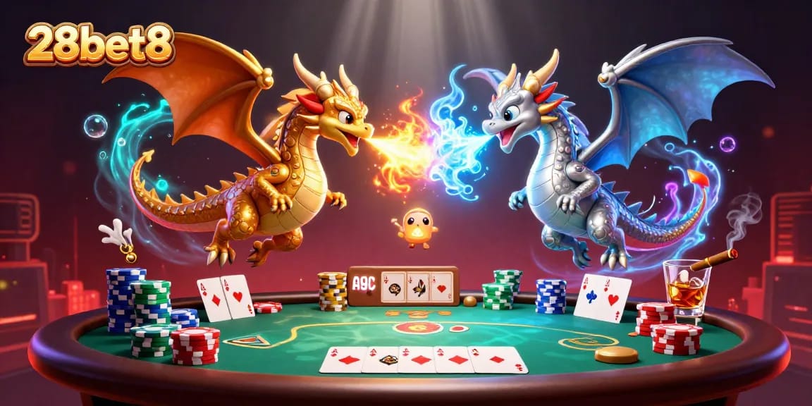 Engage with the world of 28bet8 as gold and silver dragons soar over a vibrant casino scene.