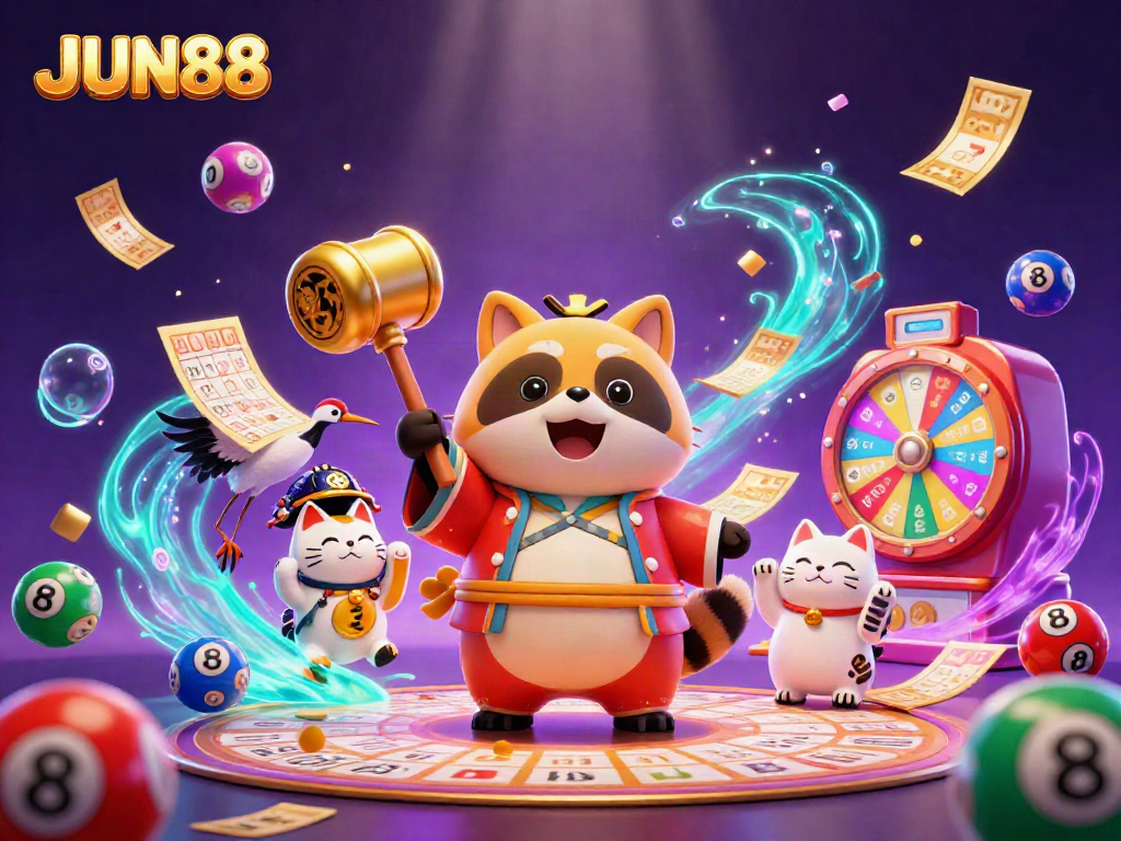 Experience exciting wins with JUN88 in a vibrant 3D casino scene filled with lucky elements and fortune symbols.