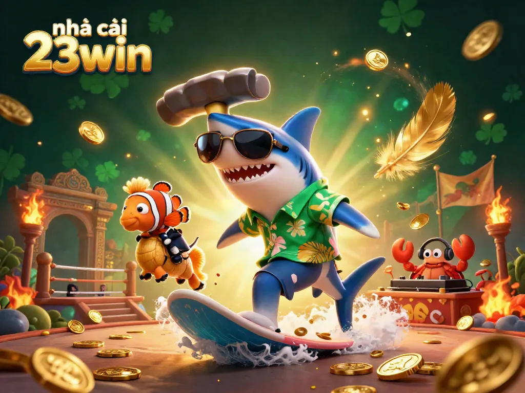 Experience thrilling action at nhà cái 23win with a shark surfing gold coins, symbolizing excitement and fortune.
