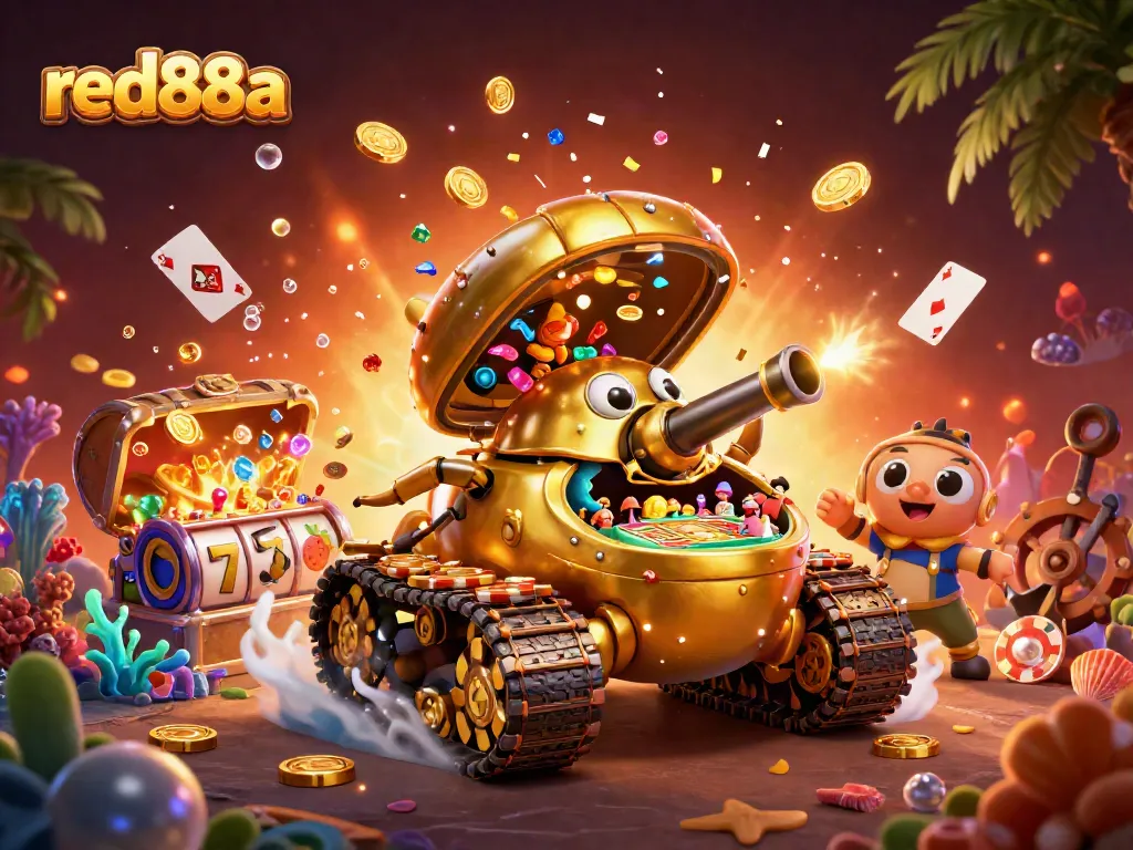 Win big at red88a with a vibrant 3D casino scene featuring a golden beetle tank and exciting game elements
