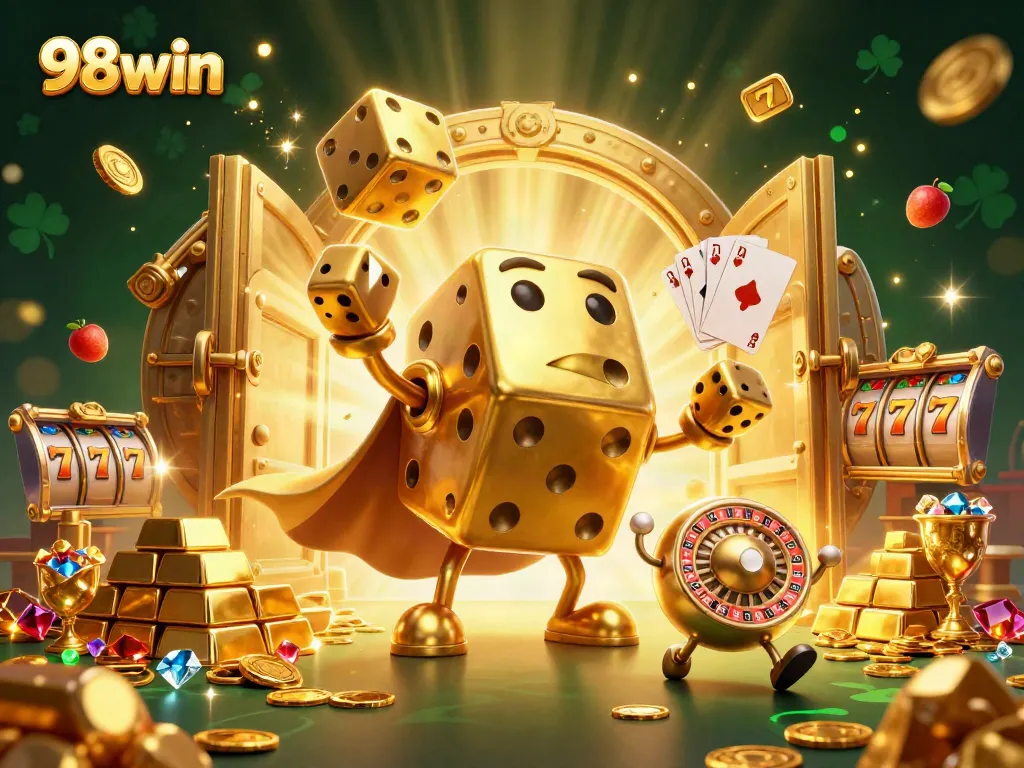 Experience excitement with 98win's dynamic slots scene featuring golden characters and lights.