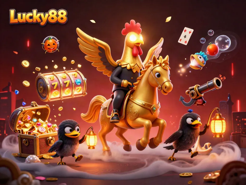 Experience the thrilling Lucky88 casino adventure with a golden rooster and vibrant game elements.