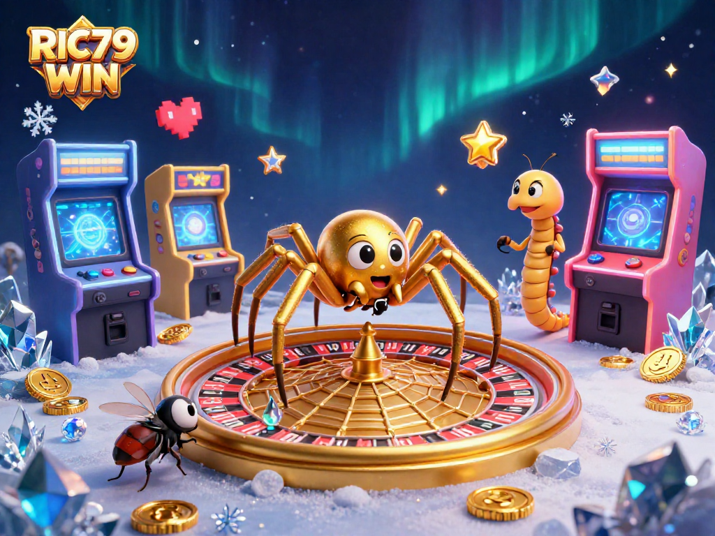 Bet on the vibrant RIC79 WIN roulette wheel in a dazzling 3D casino illustration.