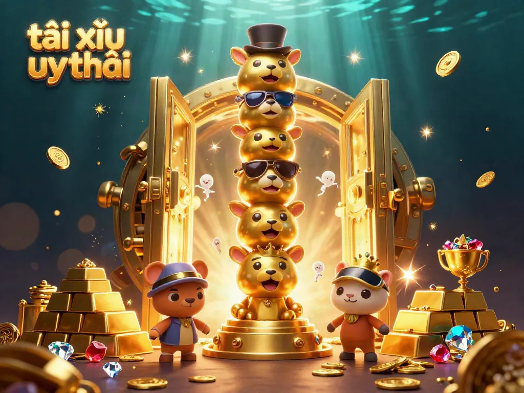 Engage with vibrant gaming fun in a lively 3D illustration of tài xỉu uy tín highlighting festive characters and treasure.