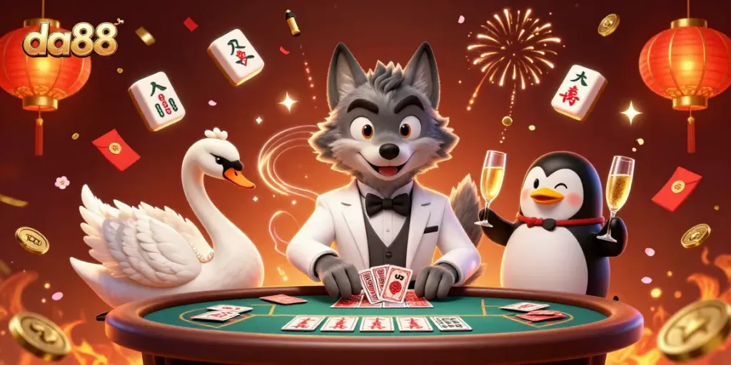 Experience winning moments at da88 with a colorful casino illustration featuring stylish characters and festive elements.
