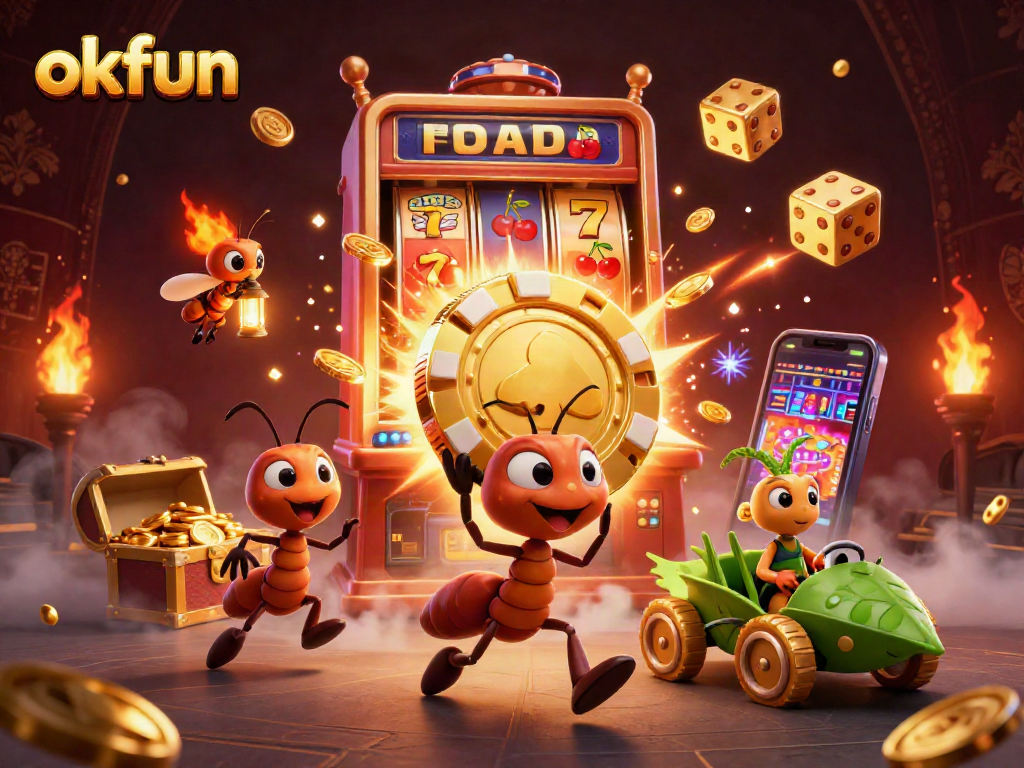 Engage with okfun casino by watching 3D ants running a heist for a giant golden poker chip.