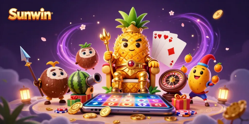 Engage with Sunwin's vibrant gaming scene featuring rich illustrations, golden coins, and lively characters.