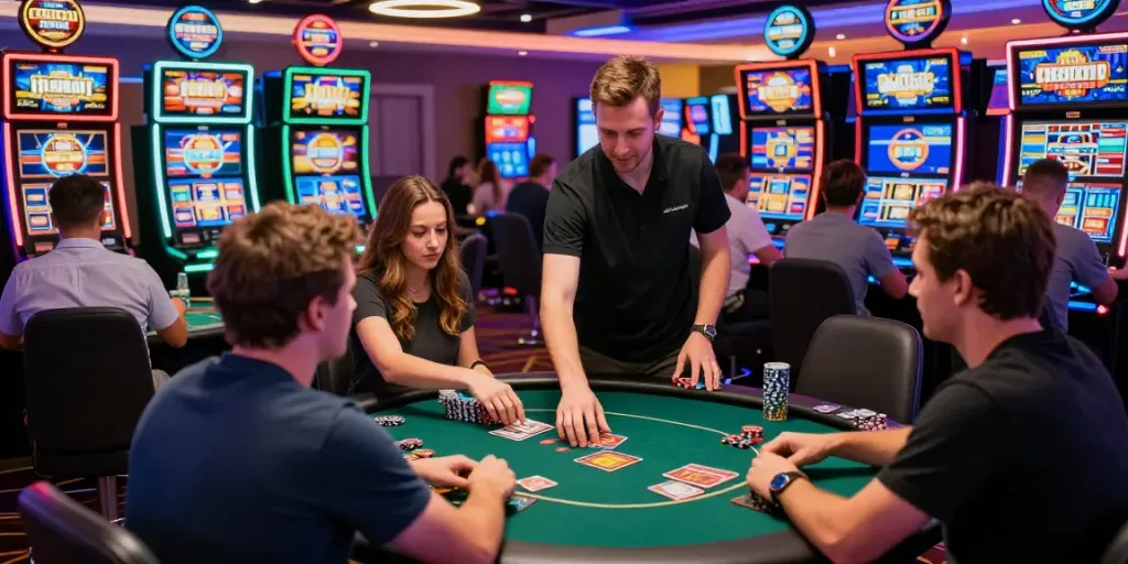 Engaged players at credit card casino sites enjoying vibrant gaming atmosphere with colorful lights.