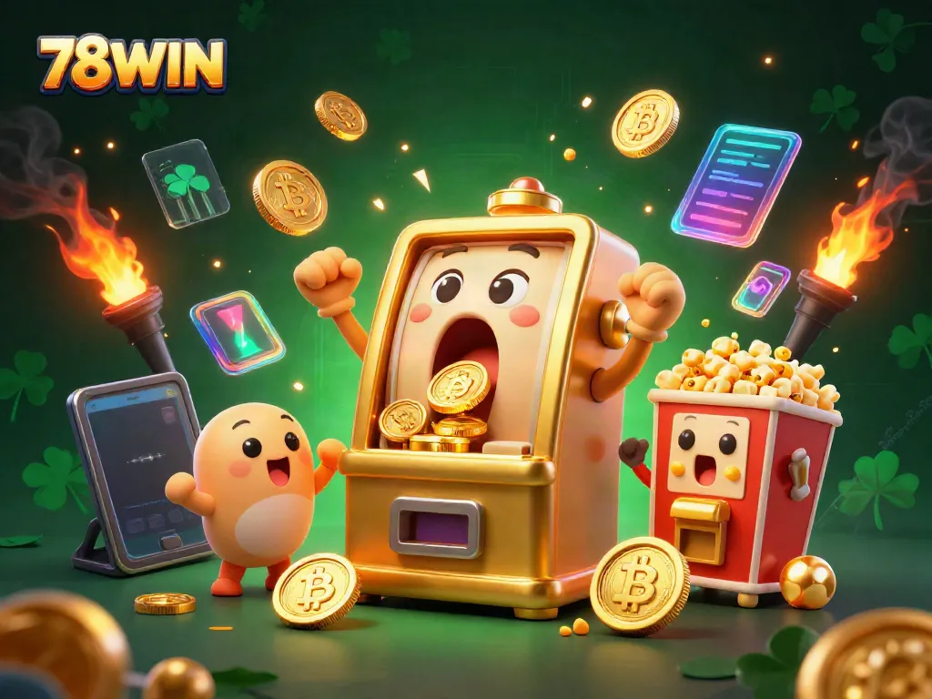Engage with the thrilling 78WIN jackpot scene where a golden slot machine celebrates a big win, surrounded by animated gaming elements.