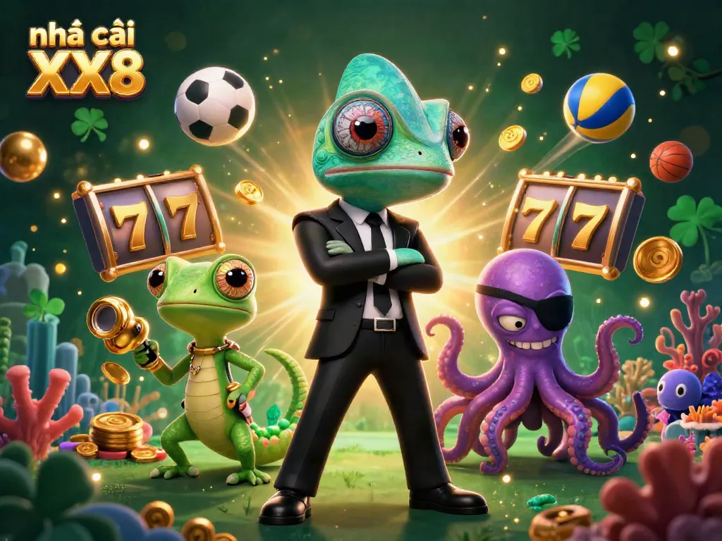 Experience the excitement at Nhà cái XX8 with vibrant colors and dynamic game elements in an engaging illustration.