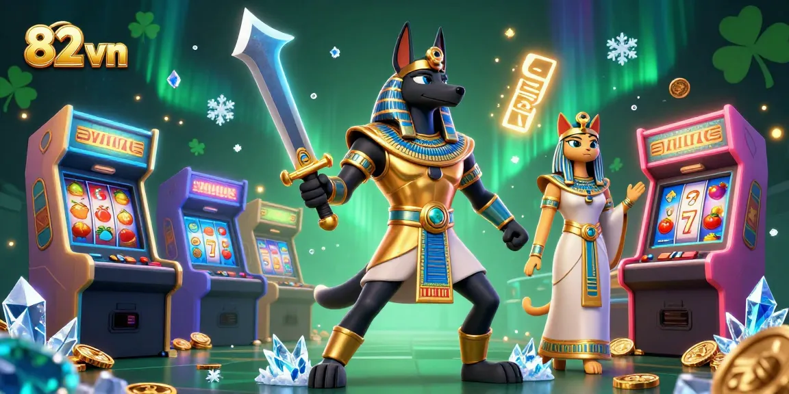 Engage in thrilling slots with 82 vn's ancient Egyptian theme featuring Anubis and Bastet amidst vibrant game elements.