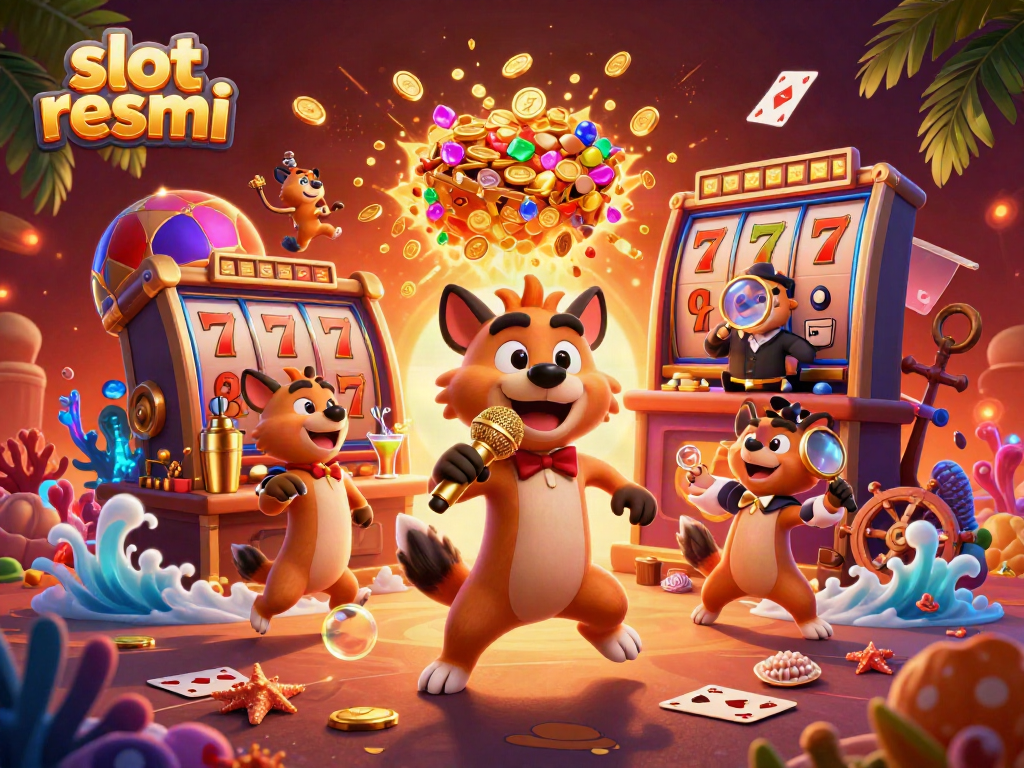 Hyenas in a vibrant casino scene featuring slot resmi, with comedic interactions in a richly decorated environment.