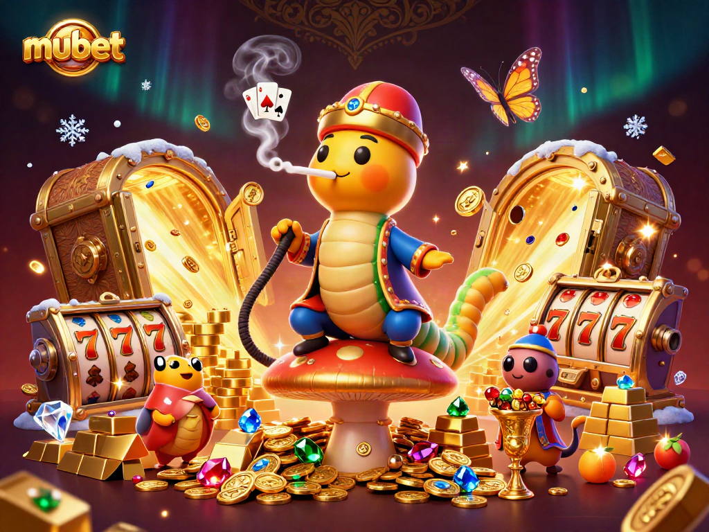 Experience the vibrant atmosphere of mubet with a lively caterpillar hookah-master and slot machine elements.