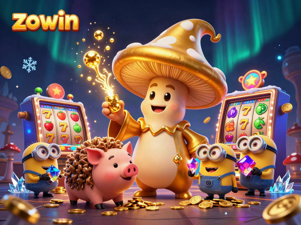 Experience the magic of zowin with a golden mushroom wizard and vibrant casino elements.