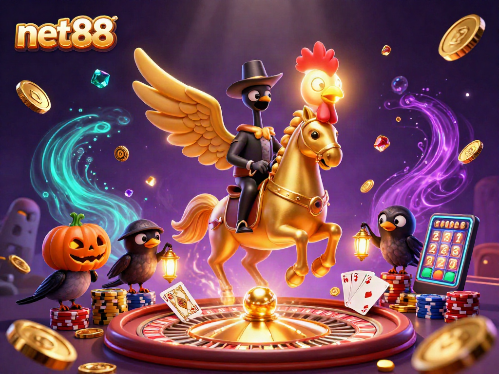 Experience net88's vibrant gaming scene with a golden rooster amidst cascading coins and casino excitement.