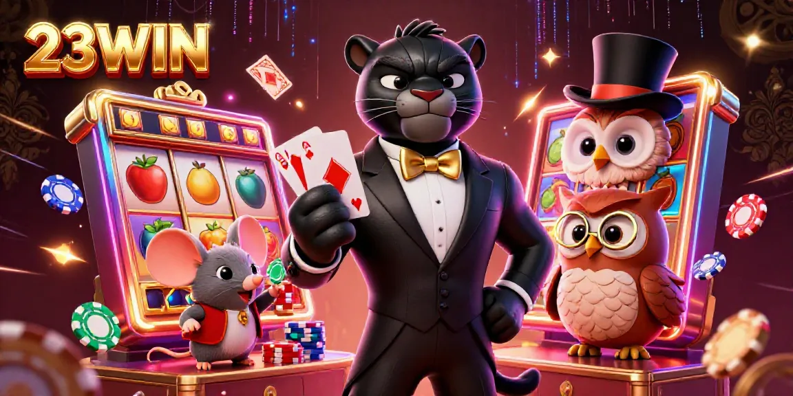 23WIN elevates the casino experience with a lively scene featuring a tuxedoed black panther, a poker chip-holding owl, and a lucky mouse.