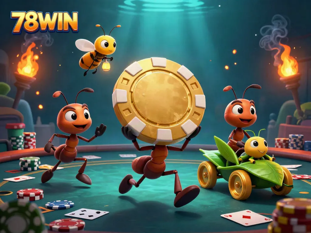Join the thrilling action with 78WIN as cartoon ants heist a giant poker chip in this vibrant casino scene!