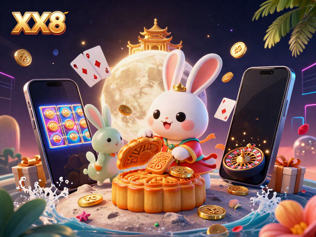 Experience exciting gaming adventures with XX8 in a vibrant lunar-themed casino scene filled with riches and slot action.