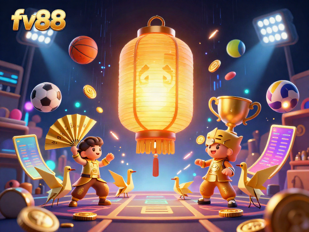 Engage in thrilling gaming at FV88 with a vibrant scene of cartoon characters embodying luck in a casino atmosphere.