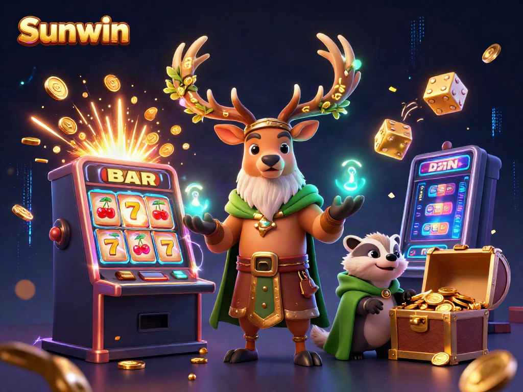 Experience the vibrant world of Sunwin with a captivating illustration showcasing a Celtic druid stag and magical gaming elements.