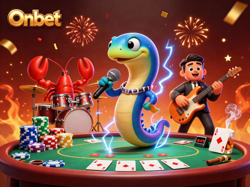 Onbet showcases an electrifying underwater casino scene with a DJ electric eel and band.