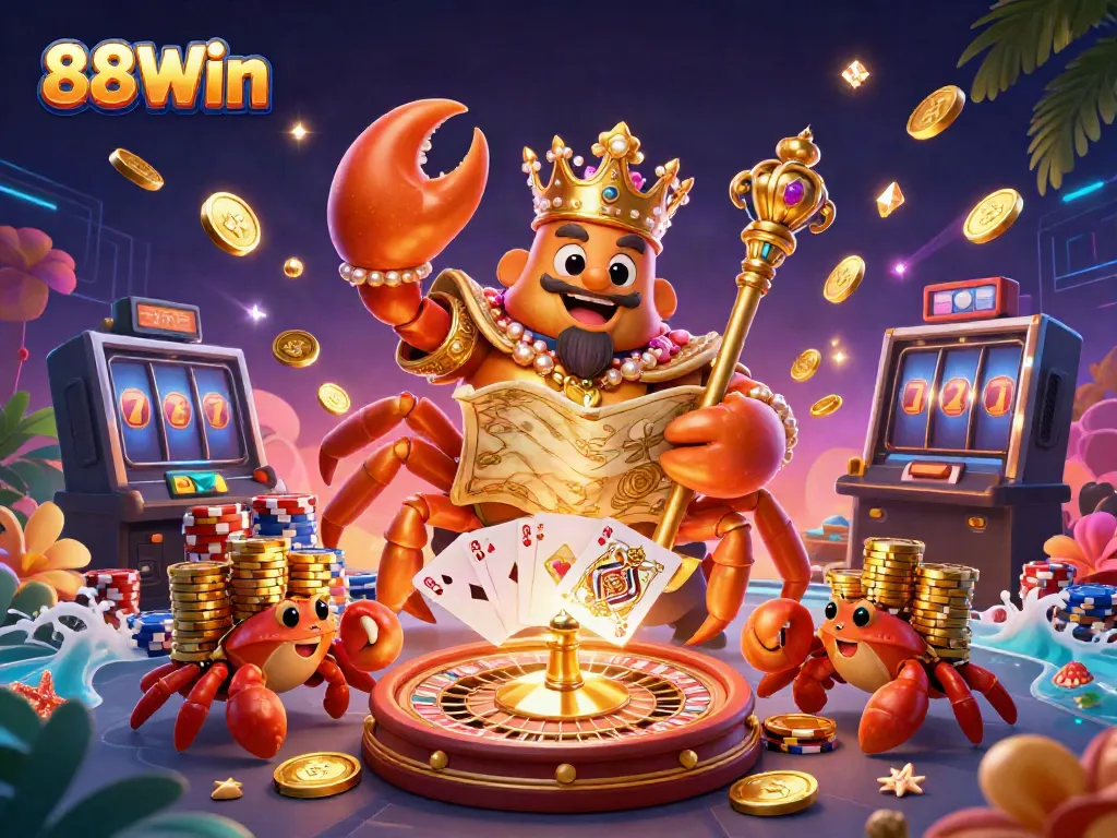 Engage with 88Win's thrilling gameplay as the golden crab emperor navigates the treasures of the casino.