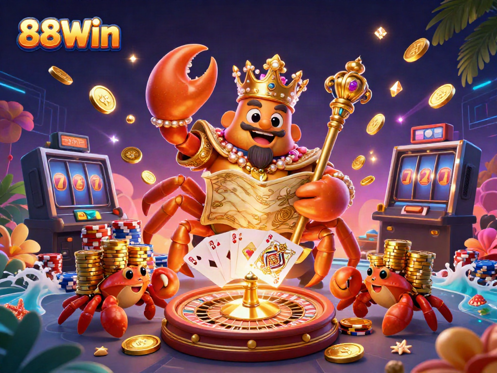 Engage with 88Win's thrilling gameplay as the golden crab emperor navigates the treasures of the casino.