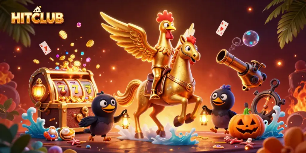 Experience the excitement of HITCLUB with a vibrant 3D casino illustration featuring a golden rooster and lively characters in action.