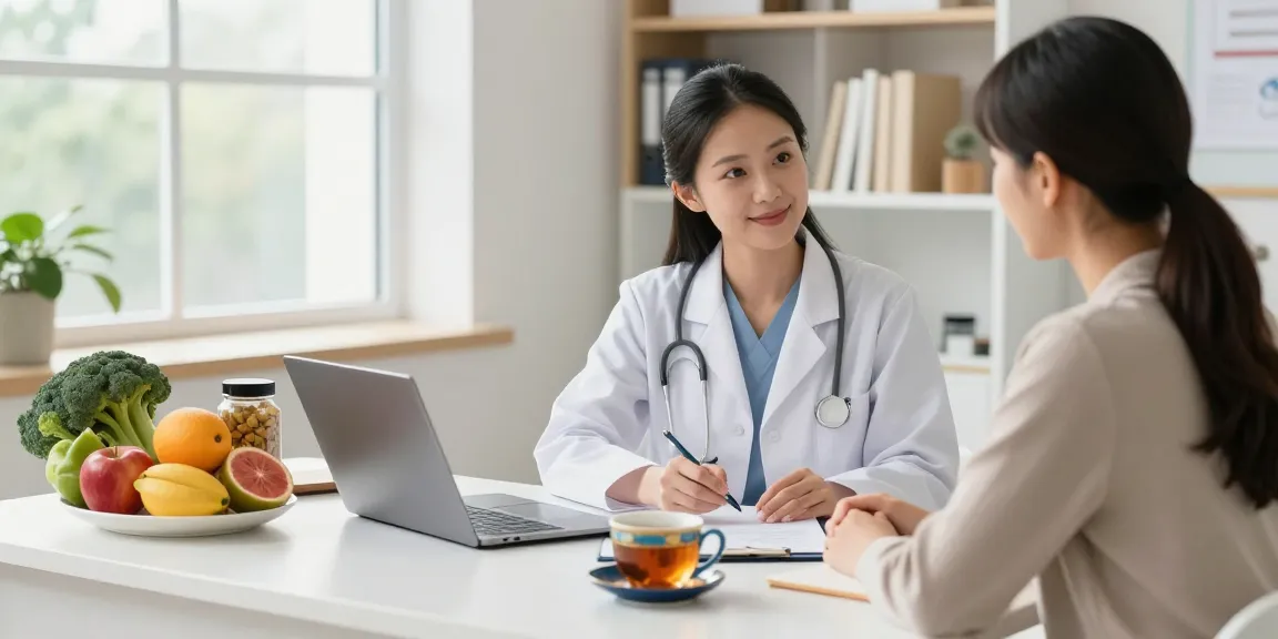 Nutritionist London consulting with a client in a modern, inviting health clinic, emphasising personalised dietary support.