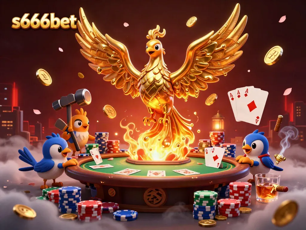 Experience the thrill of s666bet with molten gold phoenix and poker elements in this vibrant 3D scene.