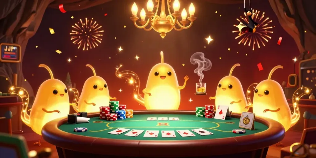Experience the vibrant energy of JJJPH's casino scene with radiant glowworms and festive elements.