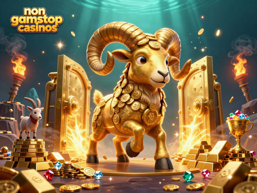 Engaging scene showcasing non gamstop casinos with a vibrant golden ram and treasure elements.