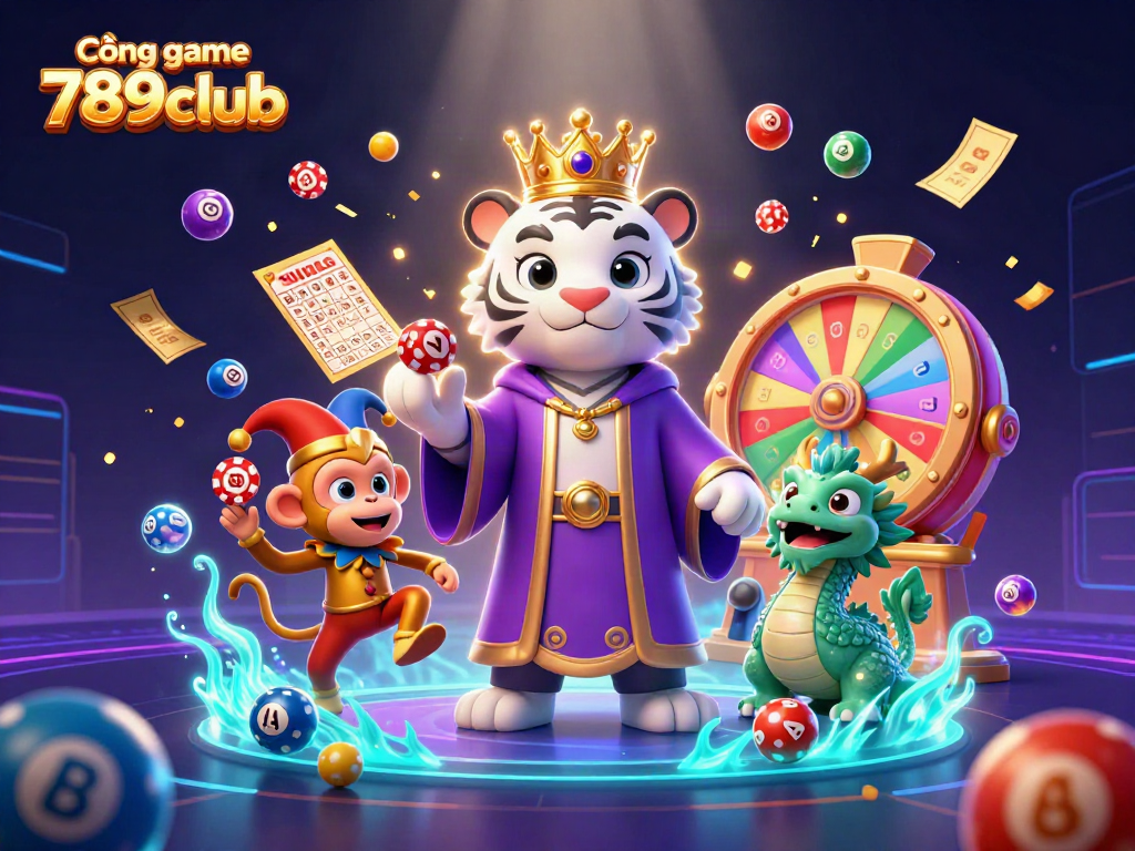Engage with Cổng game 789club in vibrant, dynamic 3D casino scene with magical characters and lottery excitement