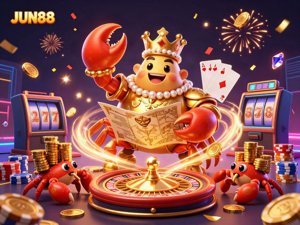 Experience thrilling action with JUN88, where the golden crab emperor commands an exciting casino scene.