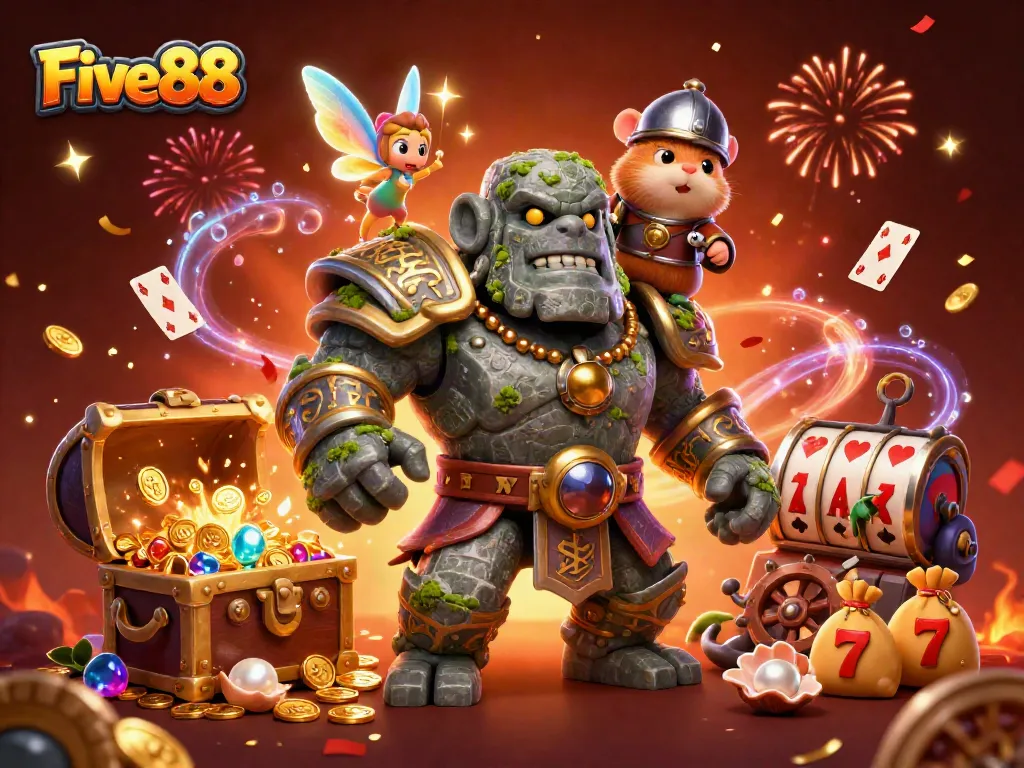 Five88 brings excitement with a colorful casino-themed scene full of dynamic characters and vibrant gambling elements.