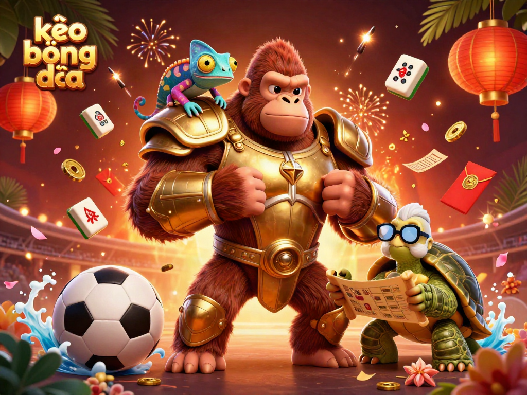 Engage with kèo bóng đá through a vibrant 3D scene with a gorilla king, chameleon, and tortoise amid sports betting elements.