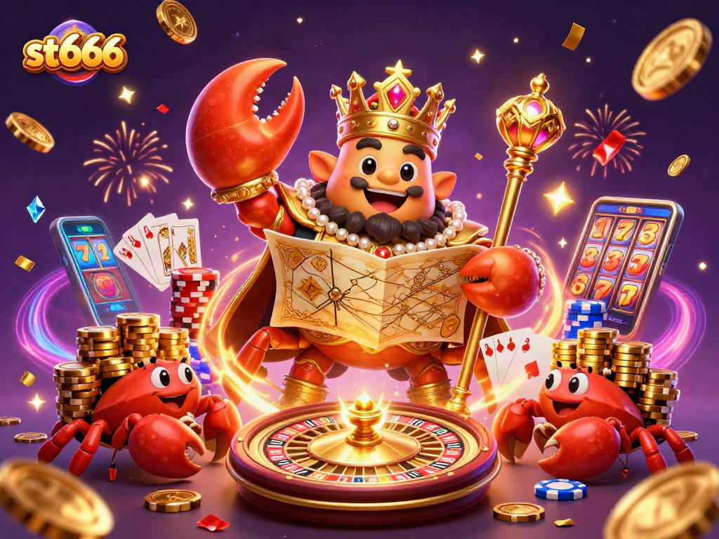 Experience thrilling gameplay at ST666 with a vibrant casino scene featuring animated treasure and jackpots.