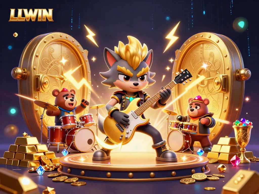 Join the fun with LLWIN as the rock star wolf and drummer bear entertain in a vibrant casino scene.