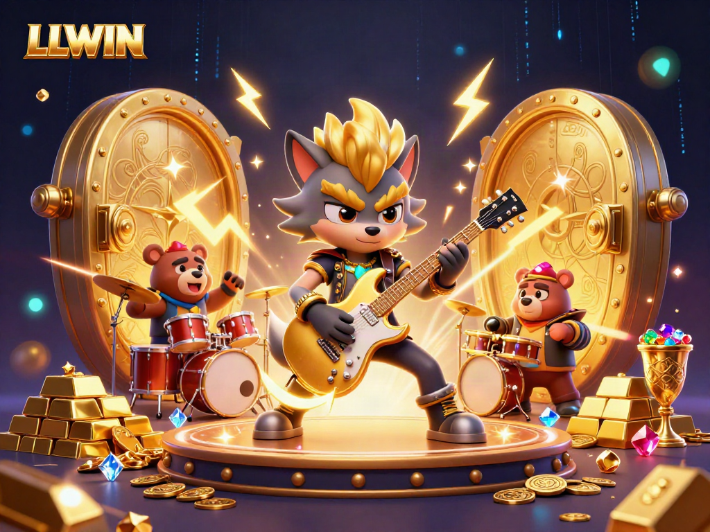 Join the fun with LLWIN as the rock star wolf and drummer bear entertain in a vibrant casino scene.