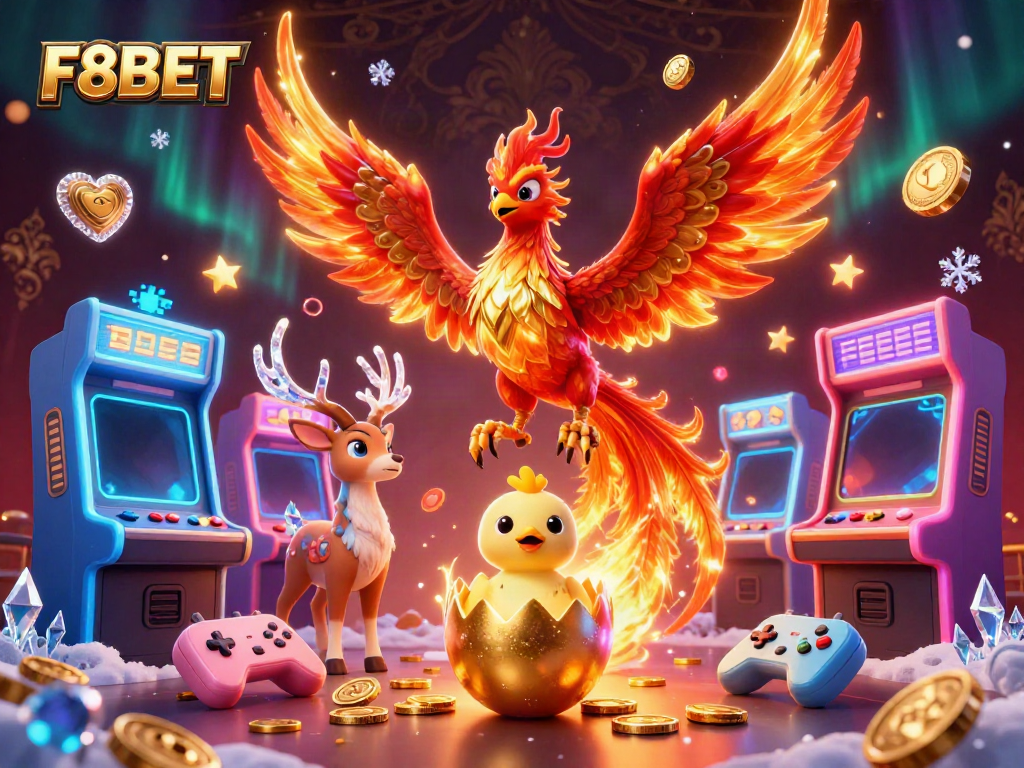Experience thrilling moments at F8BET Casino with a vibrant 3D scene featuring a phoenix and gaming elements.
