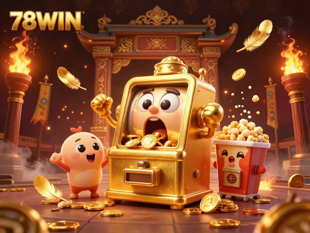 Experience the excitement of 78WIN as a golden slot machine hits a jackpot, surrounded by cheering baby slots and dynamic casino elements.
