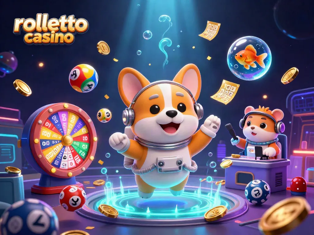 Experience rolletto casino's vibrant gaming atmosphere with a floating astronaut corgi, lively games, and glowing effects.