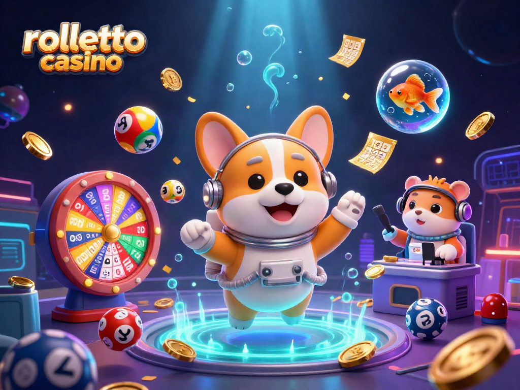 Experience rolletto casino's vibrant gaming atmosphere with a floating astronaut corgi, lively games, and glowing effects.