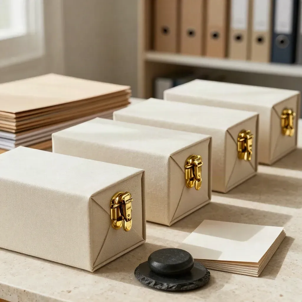 Cream investor presentation boxes with brass clasps arranged on a pale stone table.