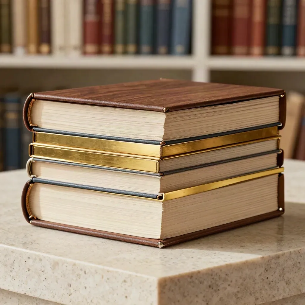 Travertine capital stack with brass dividers and a walnut portfolio case in cinematic light.