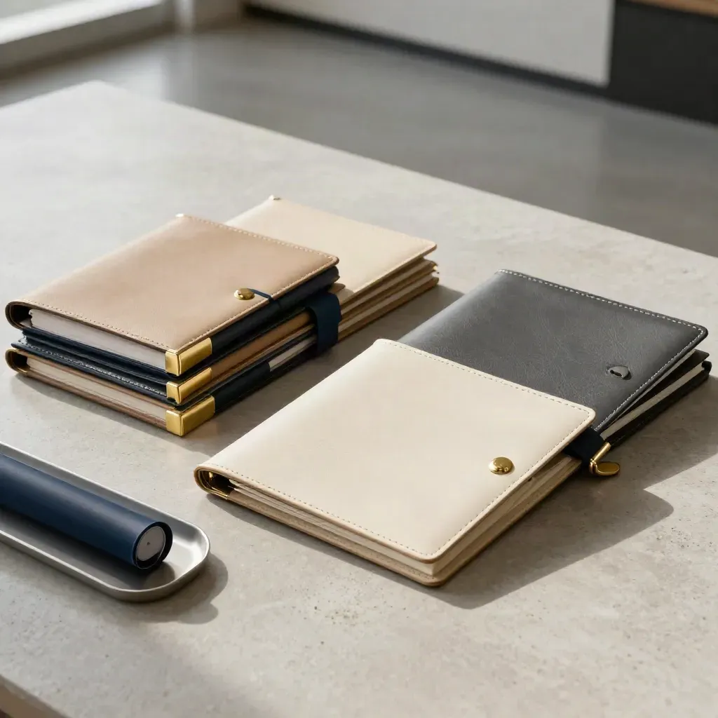 Six investor folios around a clasped navy folder on pale concrete, lit softly from above.