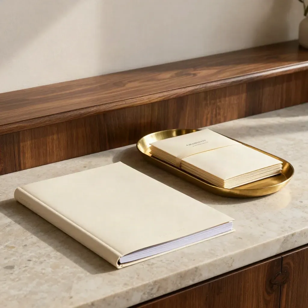 Luxury investor relations folio, brass tray, sealed packet and ribboned update bundle on pale stone.